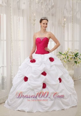 Hot Pink and White Hand Made Flower Quinceanera Dress