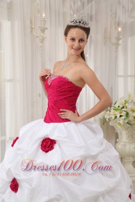 Hot Pink and White Hand Made Flower Quinceanera Dress