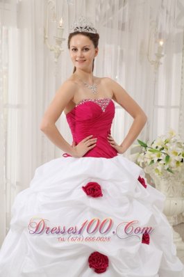 Hot Pink and White Hand Made Flower Quinceanera Dress