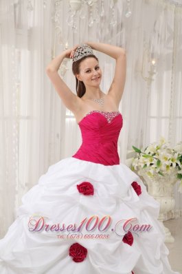 Hot Pink and White Hand Made Flower Quinceanera Dress