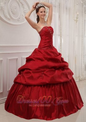 Wine Red Ruffles Taffeta Strapless Dress for Quinceanera