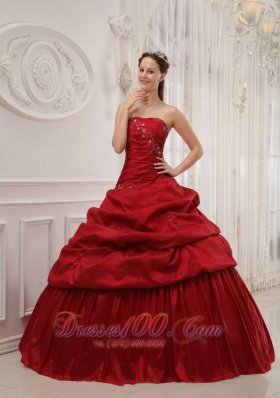 Wine Red Ruffles Taffeta Strapless Dress for Quinceanera