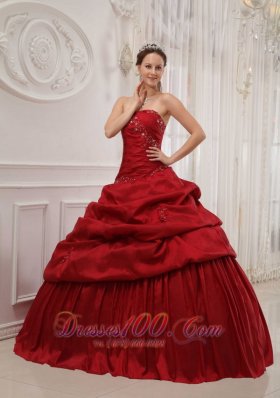 Wine Red Ruffles Taffeta Strapless Dress for Quinceanera