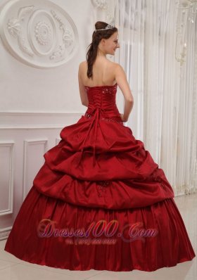 Wine Red Ruffles Taffeta Strapless Dress for Quinceanera