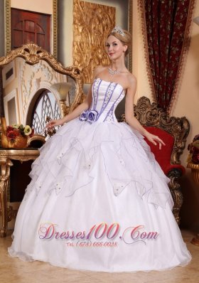 White Hand Flowers Organza Strapless Quinceanera Dress