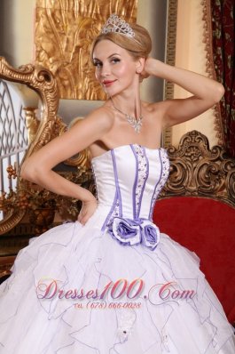 White Hand Flowers Organza Strapless Quinceanera Dress