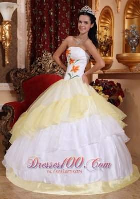 Light Yellow and White Strapless Dress for Quinceanera