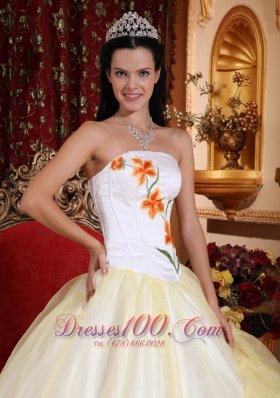 Light Yellow and White Strapless Dress for Quinceanera