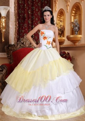 Light Yellow and White Strapless Dress for Quinceanera