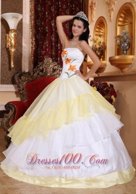 Light Yellow and White Strapless Dress for Quinceanera