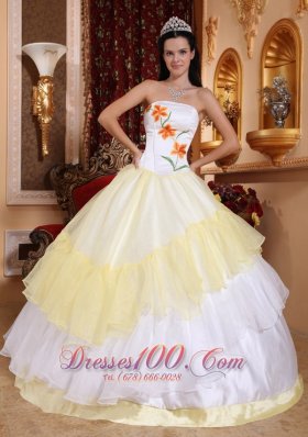 Light Yellow and White Strapless Dress for Quinceanera