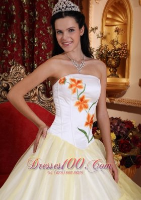 Light Yellow and White Strapless Dress for Quinceanera