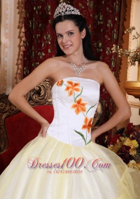 Light Yellow and White Strapless Dress for Quinceanera