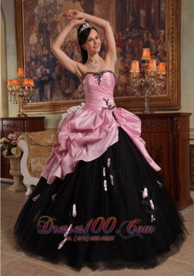 Rose Pink and Black Hand Flowers Dress for Quinceanera