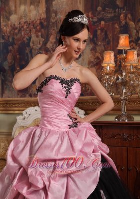 Rose Pink and Black Hand Flowers Dress for Quinceanera