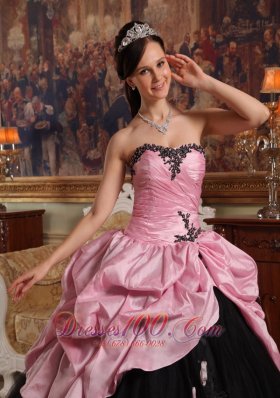 Rose Pink and Black Hand Flowers Dress for Quinceanera