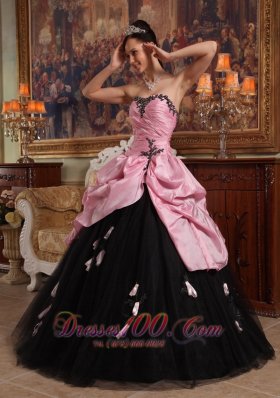 Rose Pink and Black Hand Flowers Dress for Quinceanera