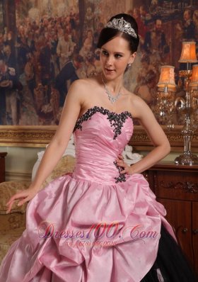 Rose Pink and Black Hand Flowers Dress for Quinceanera