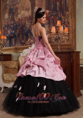 Rose Pink and Black Hand Flowers Dress for Quinceanera