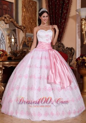 Pink Spaghetti Straps Sash Embroidery Dress for Quinceanera
