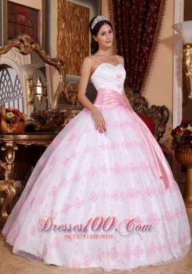 Pink Spaghetti Straps Sash Embroidery Dress for Quinceanera