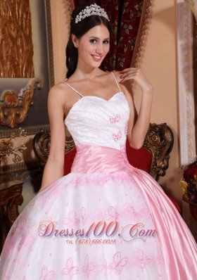 Pink Spaghetti Straps Sash Embroidery Dress for Quinceanera