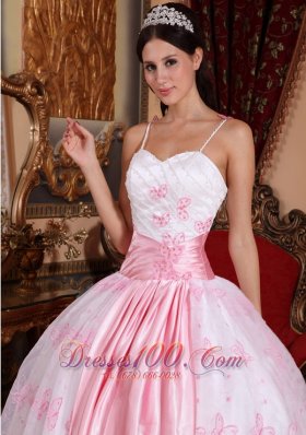 Pink Spaghetti Straps Sash Embroidery Dress for Quinceanera