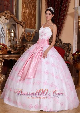 Pink Spaghetti Straps Sash Embroidery Dress for Quinceanera