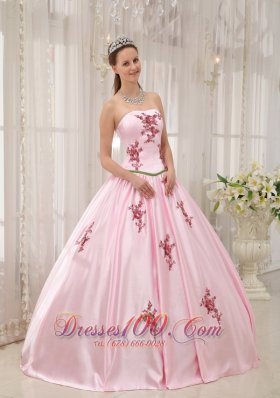 Pink Taffeta Quinceanera Dress Appliques Floor-length