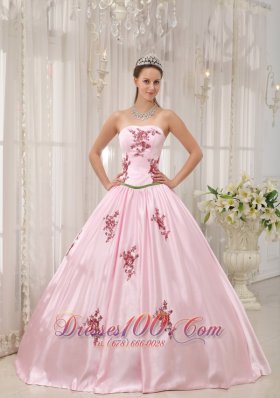 Pink Taffeta Quinceanera Dress Appliques Floor-length