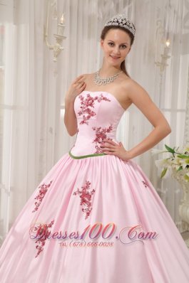 Pink Taffeta Quinceanera Dress Appliques Floor-length