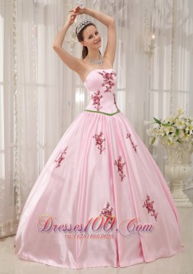 Pink Taffeta Quinceanera Dress Appliques Floor-length