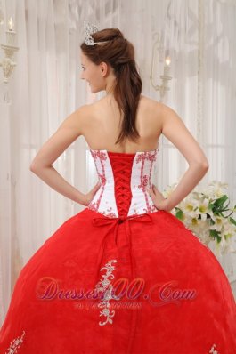 White and Red Appliques Sweetheart Floor-length Sweet 15 Dress