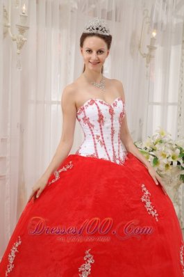 White and Red Appliques Sweetheart Floor-length Sweet 15 Dress