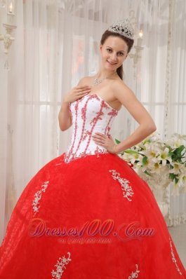 White and Red Appliques Sweetheart Floor-length Sweet 15 Dress