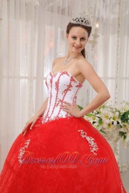 White and Red Appliques Sweetheart Floor-length Sweet 15 Dress