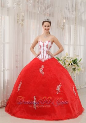 White and Red Appliques Sweetheart Floor-length Sweet 15 Dress