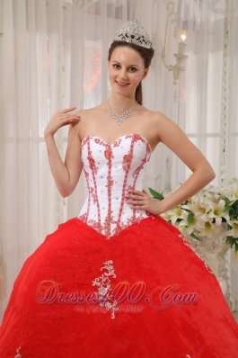 White and Red Appliques Sweetheart Floor-length Sweet 15 Dress