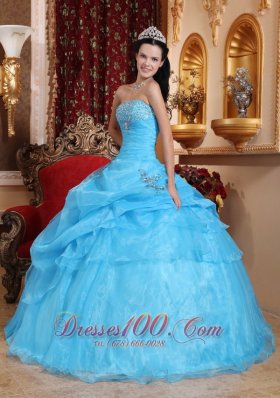 Aqua Blue Organza Beading Pick-ups Strapless Quinceanera Dress