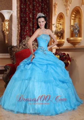 Aqua Blue Organza Beading Pick-ups Strapless Quinceanera Dress