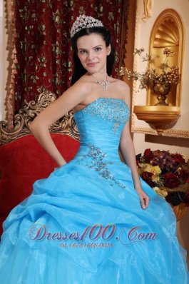 Aqua Blue Organza Beading Pick-ups Strapless Quinceanera Dress