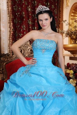 Aqua Blue Organza Beading Pick-ups Strapless Quinceanera Dress