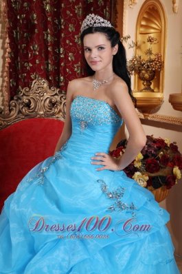 Aqua Blue Organza Beading Pick-ups Strapless Quinceanera Dress