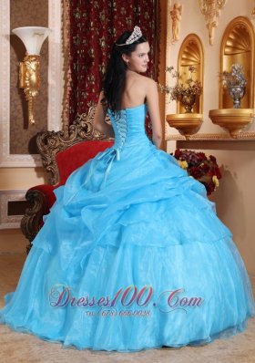 Aqua Blue Organza Beading Pick-ups Strapless Quinceanera Dress