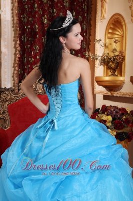 Aqua Blue Organza Beading Pick-ups Strapless Quinceanera Dress