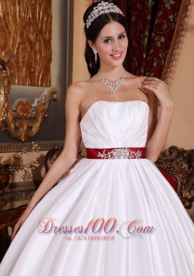 White Taffeta Red Sashes Floor-length Quinceanera Dress