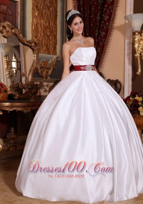 White Taffeta Red Sashes Floor-length Quinceanera Dress