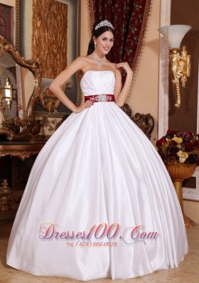 White Taffeta Red Sashes Floor-length Quinceanera Dress