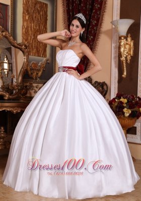 White Taffeta Red Sashes Floor-length Quinceanera Dress