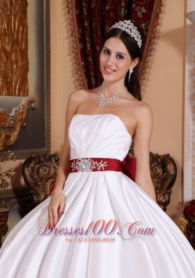 White Taffeta Red Sashes Floor-length Quinceanera Dress